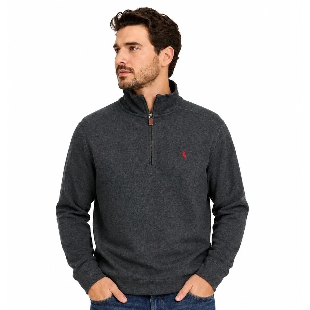 Polo Ralph Lauren Quarter Zip Pullover Large Charcoal Gray Cotton Red Pony Logo